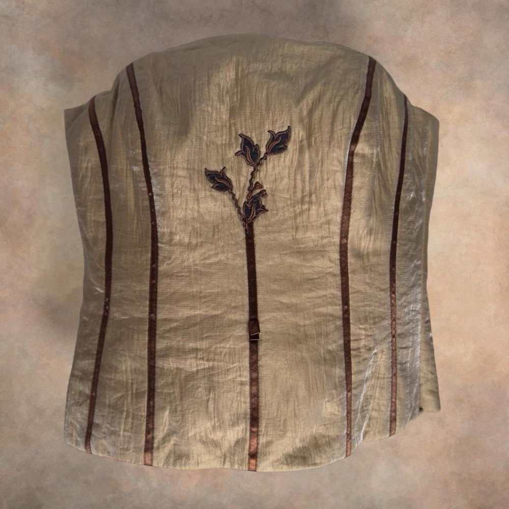 Vintage Y2K Corset Bustier Top Embroidered Lace Up Metallic Olive Brown Sz 38